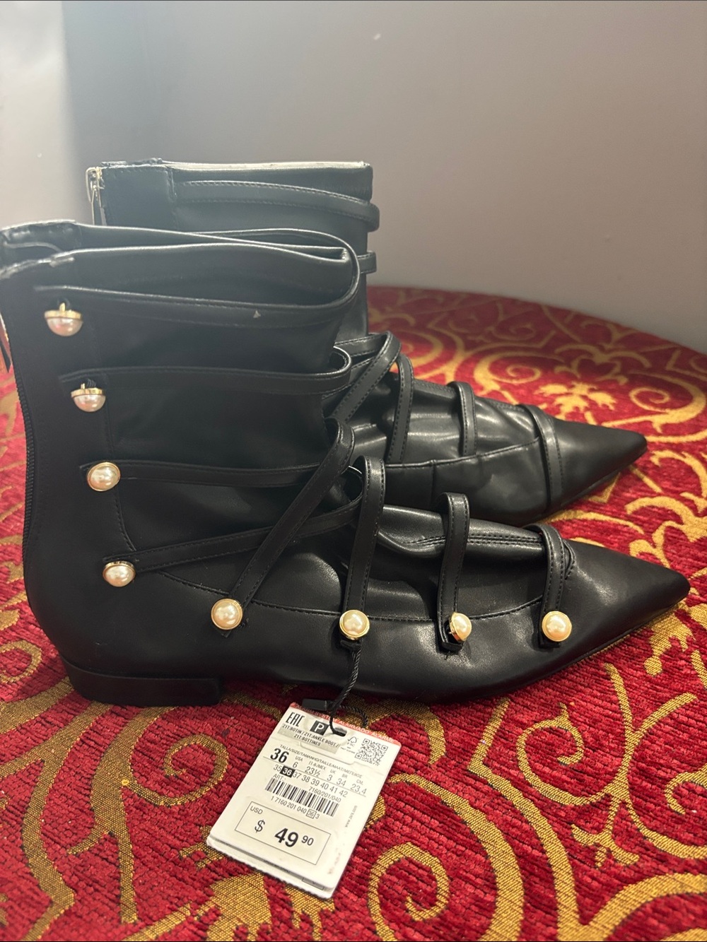 Zara Black Pointed Lace-Up Ankle Boots with Pearl Buttons